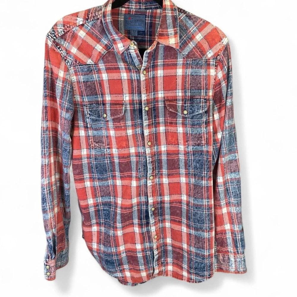 🔥 Lucky Brand Plaid Flannel Shirt Red Blue Snap Western Medium - Picture 7 of 7